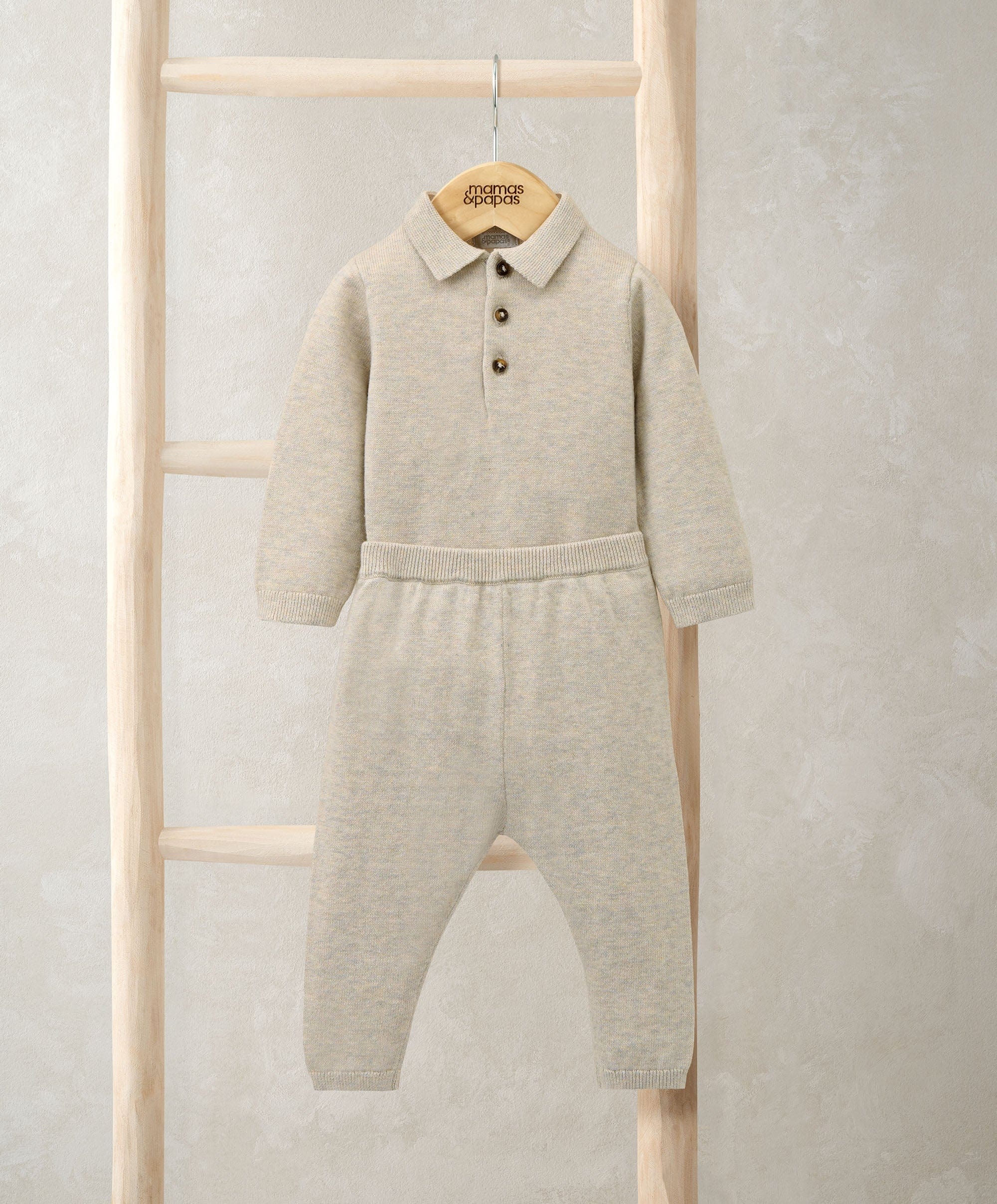 Oatmeal Knit Polo Bodysuit & Bottoms Set (2 Pieces)