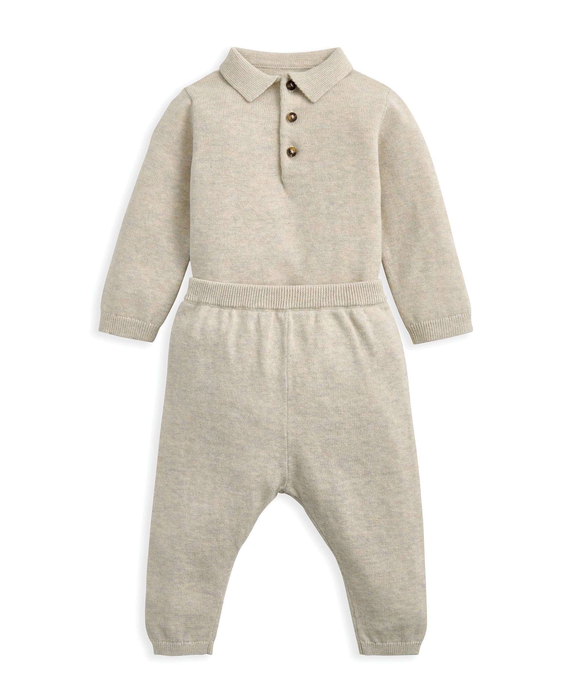 Oatmeal Knit Polo Bodysuit & Bottoms Set (2 Pieces) - Image 4