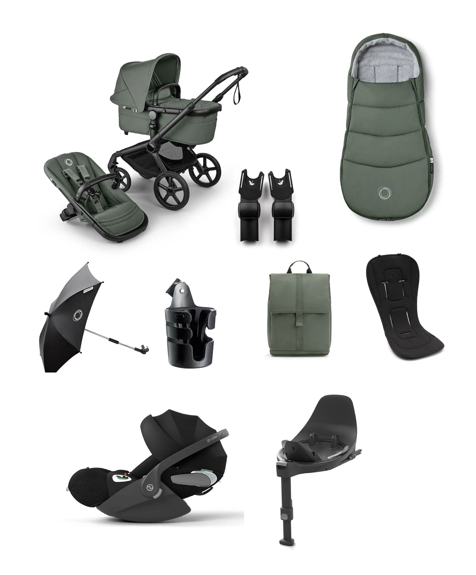 Bugaboo Fox 5 Renew Pushchair Bundle With Cybex Cloud T i-Size Rotating Baby Car Seat & Base (9 Pieces).- Forest Green