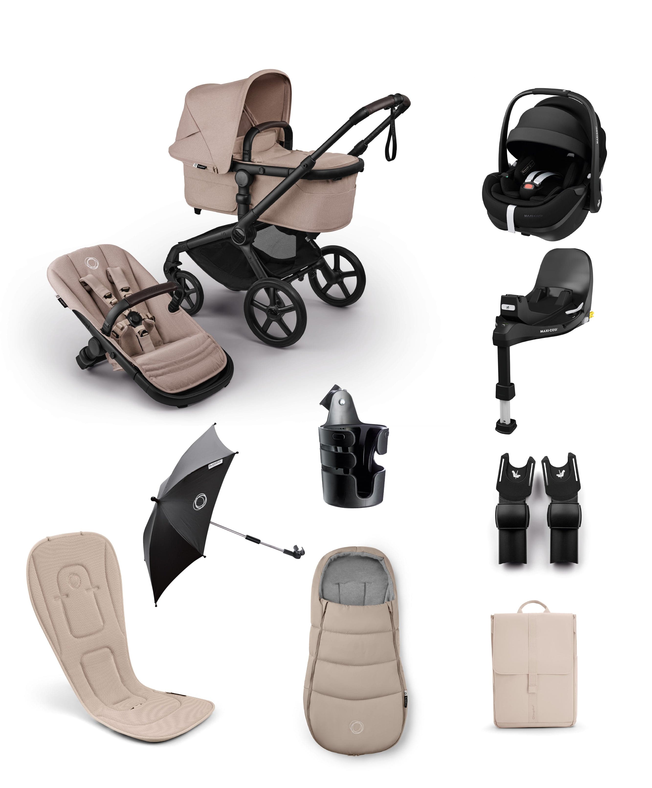 Bugaboo Fox 5 Renew Complete Pushchair Bundle with Maxi-Cosi Pebble 360 Pro2 Car Seat (8 Pieces) - Taupe Melange