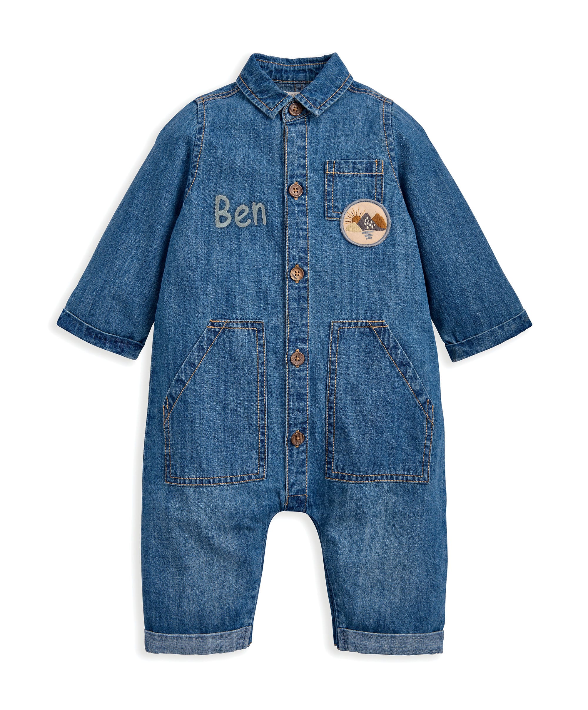 Denim Boiler Suit with Woven Badge - Blue - Image 4
