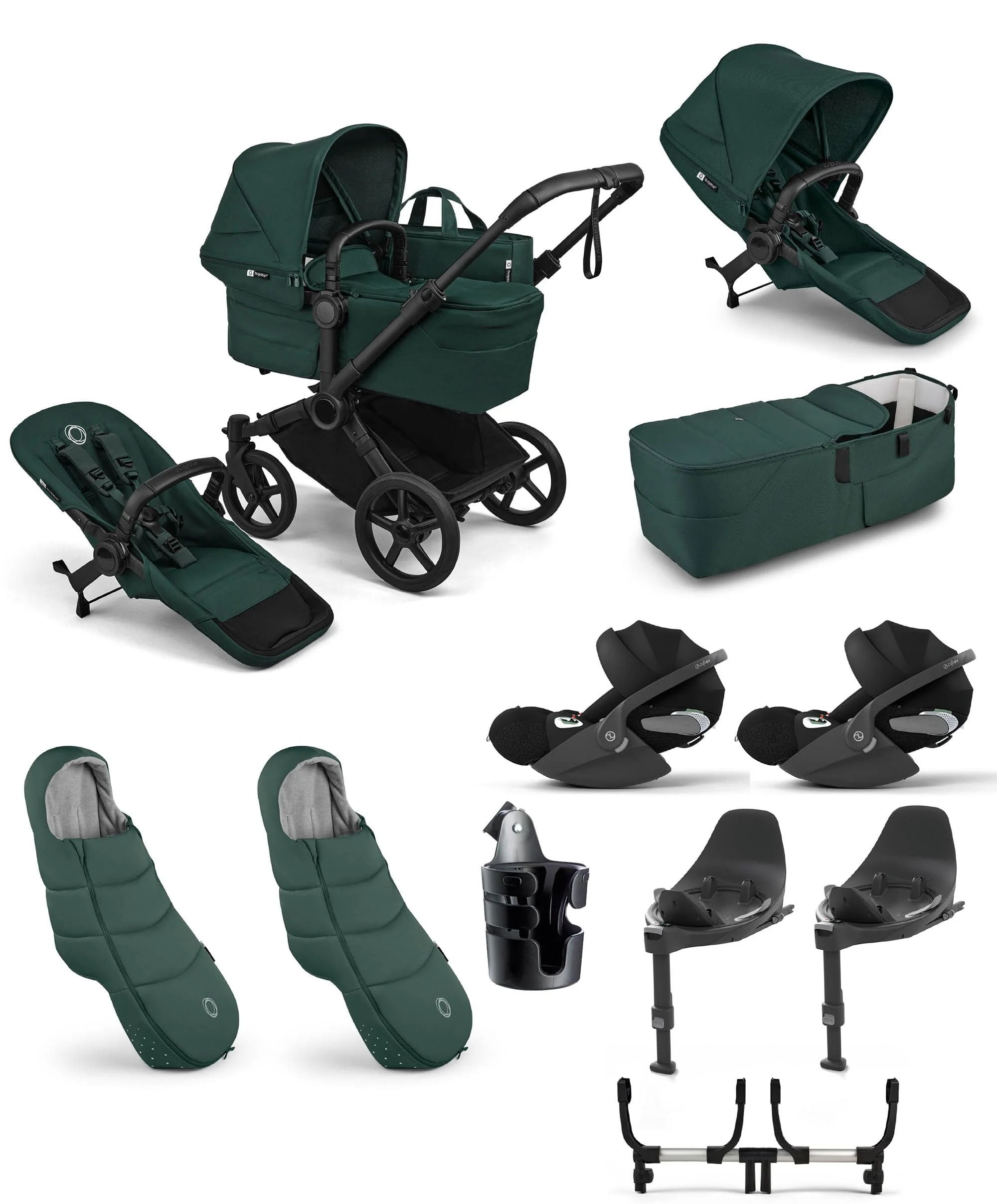 Donkey 6 Twin Essential Bundle With Cybex Cloud T i-Size Rotating Baby Car Seat (10 Pieces) - Fern Green