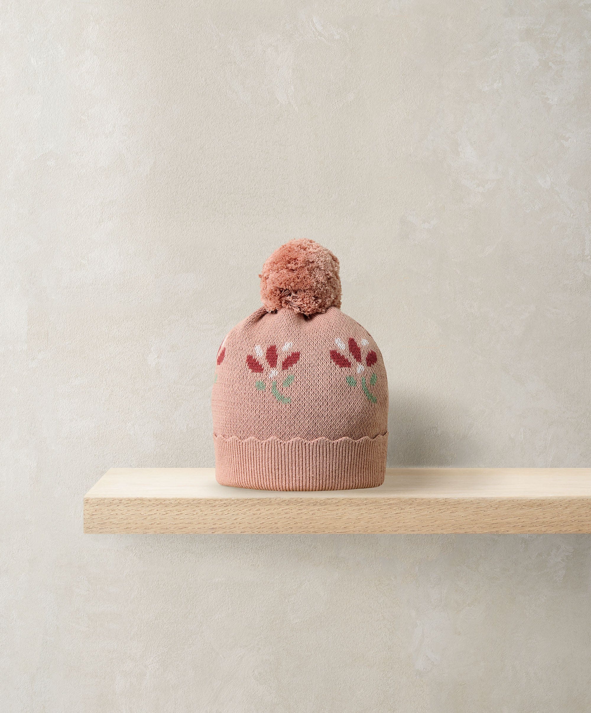 Jacquard Floral Knit Hat and Pom Pom