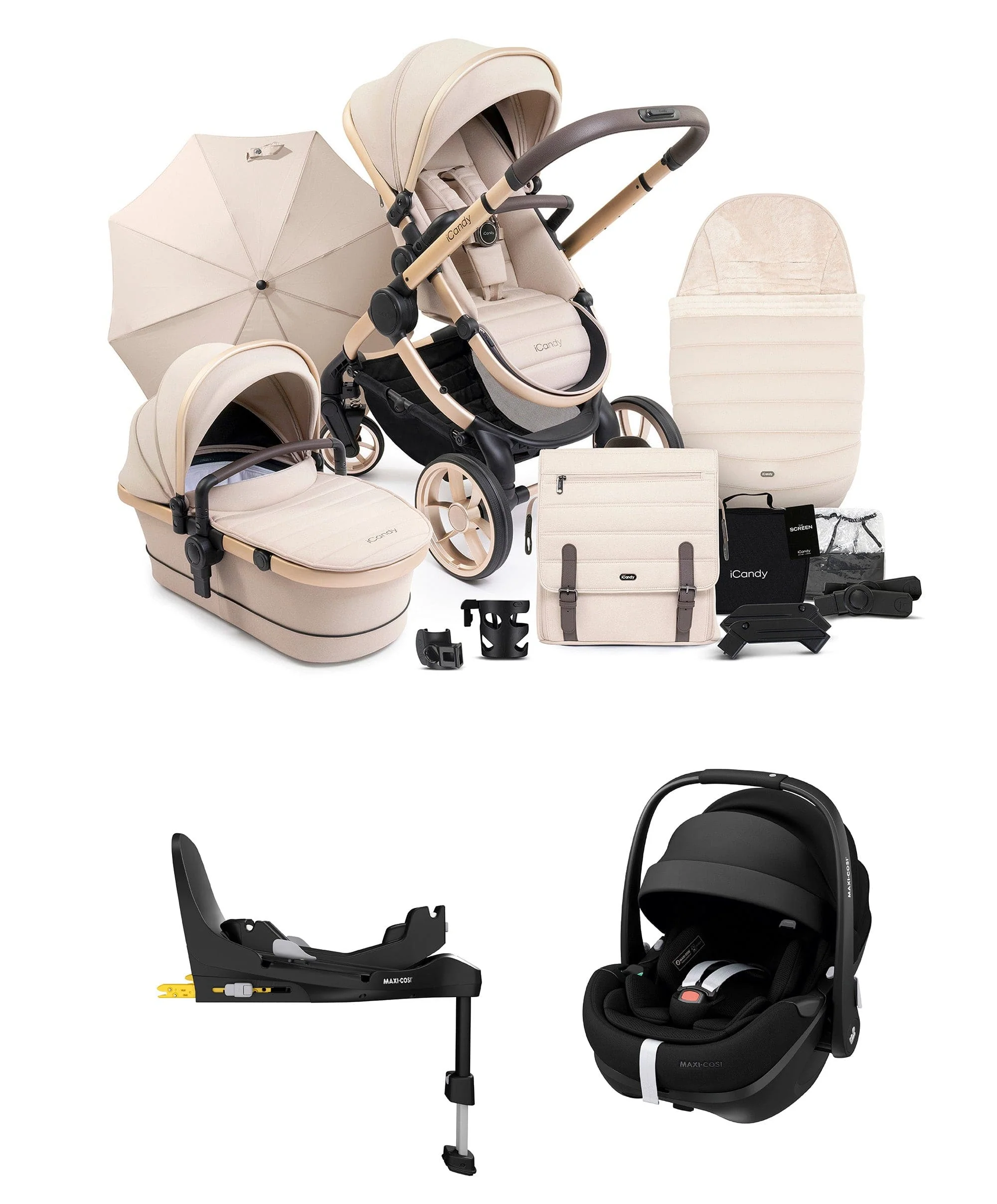 iCandy Peach 7 Complete Pushchair Bundle with Maxi-Cosi Pebble 360 Pro2 Car Seat - Biscotti