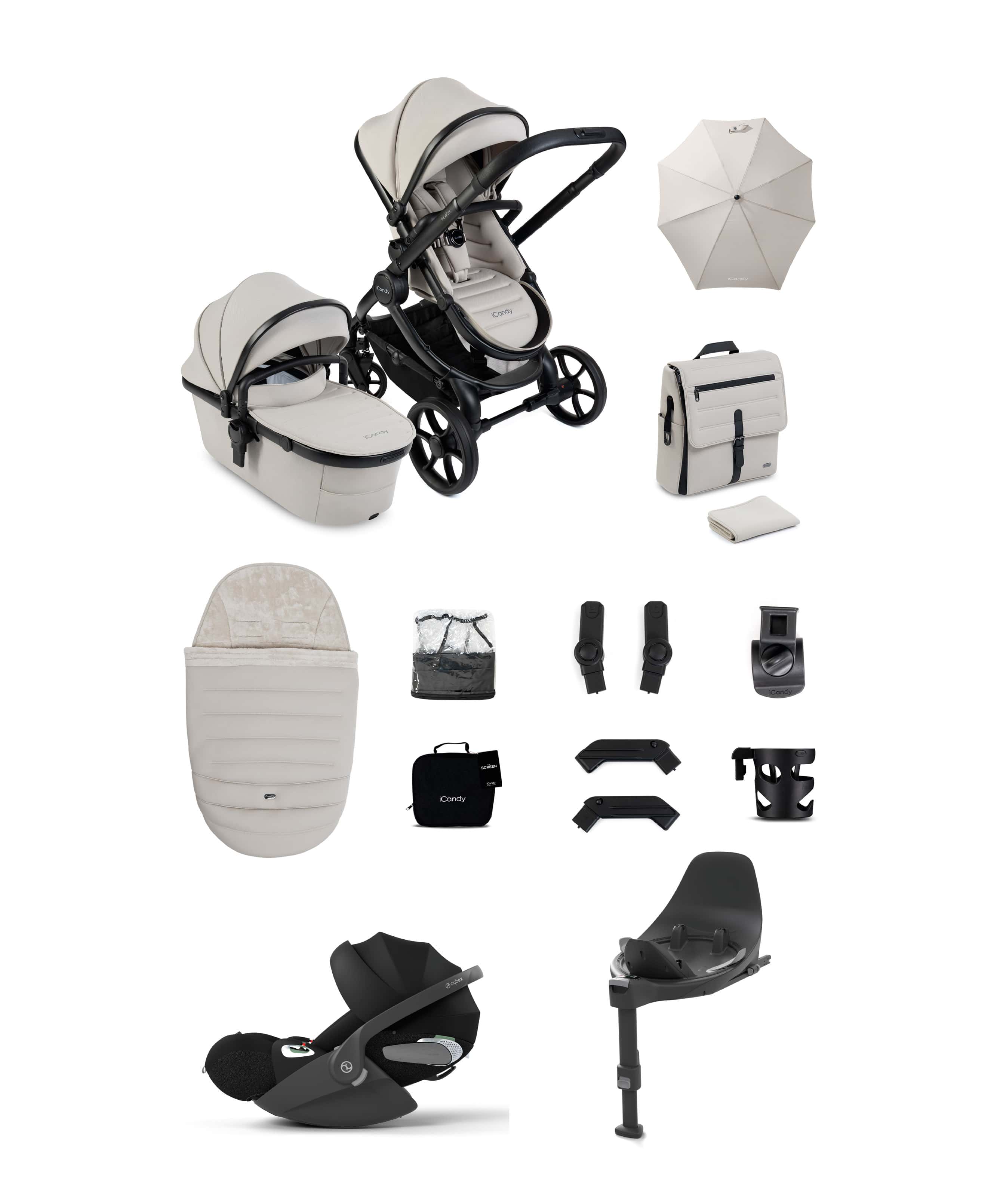 iCandy Peach 8 Complete Bundle with Cybex Cloud T i-Size Rotating Baby Car Seat - Taupe