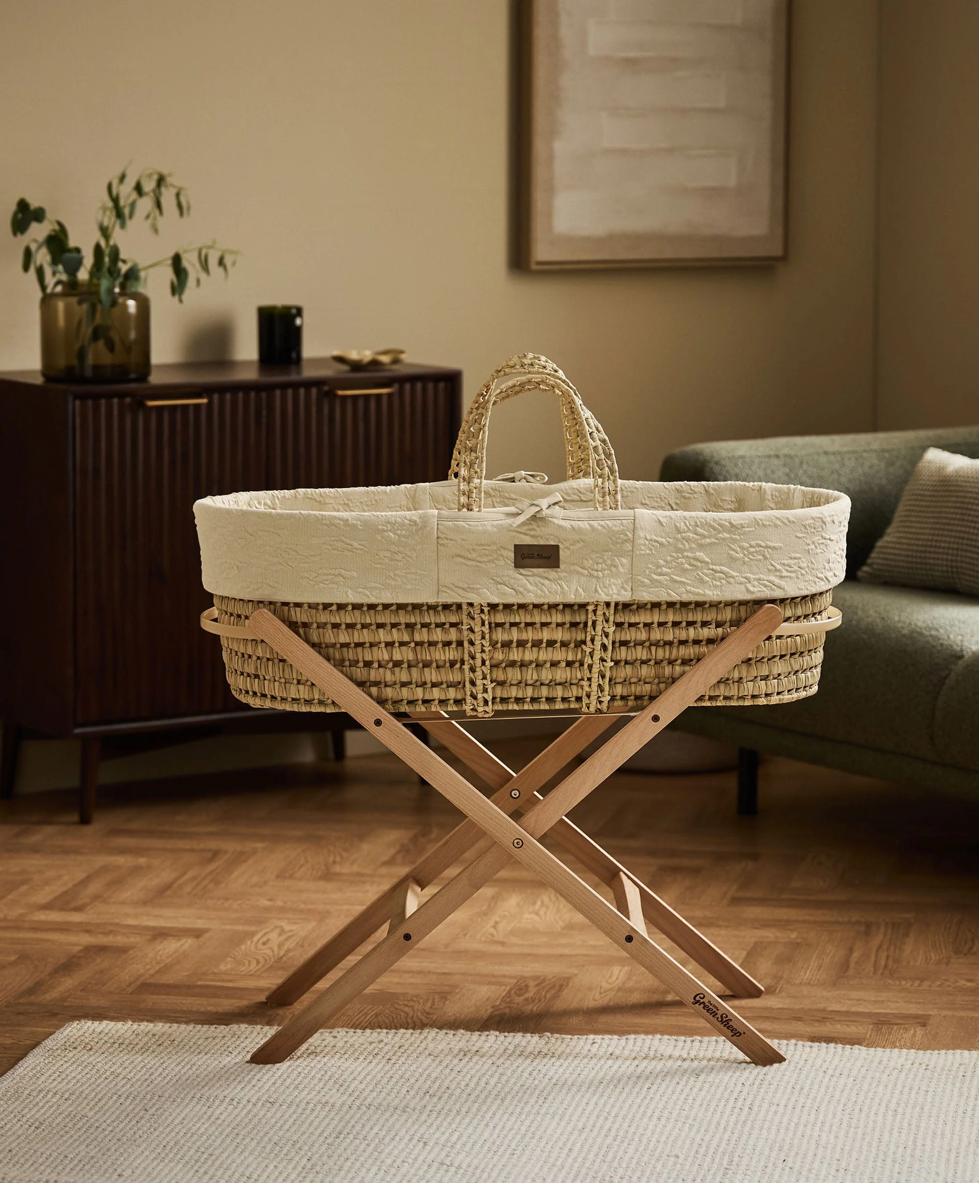 Little Green Sheep Furrow Knit Moses Basket & Mattress - Linen - Image 2