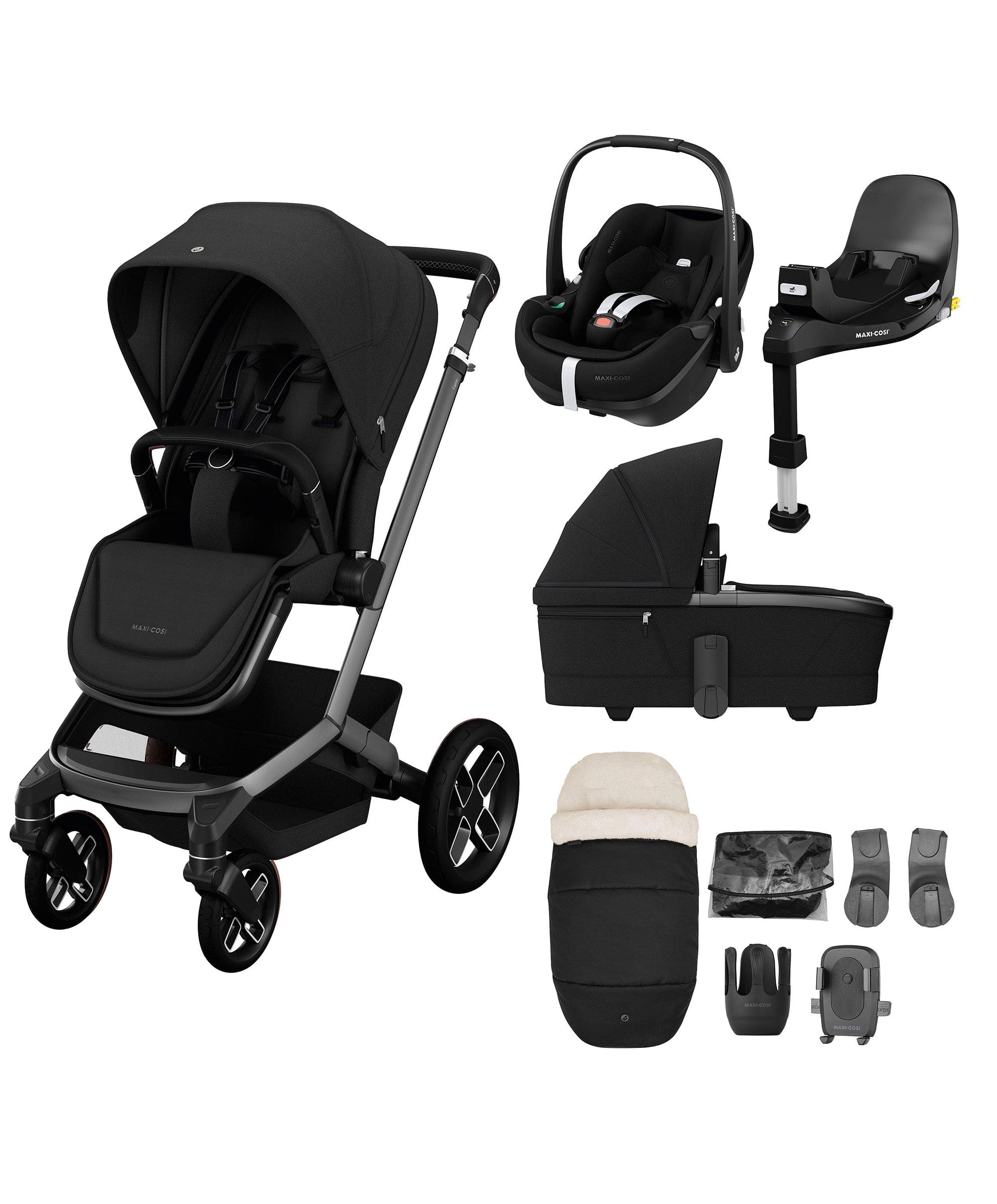 Maxi-Cosi Fame Premium Pushchair Bundle with Pebble 360 Pro 2 Car Seat & Base – Black with Black Wheels