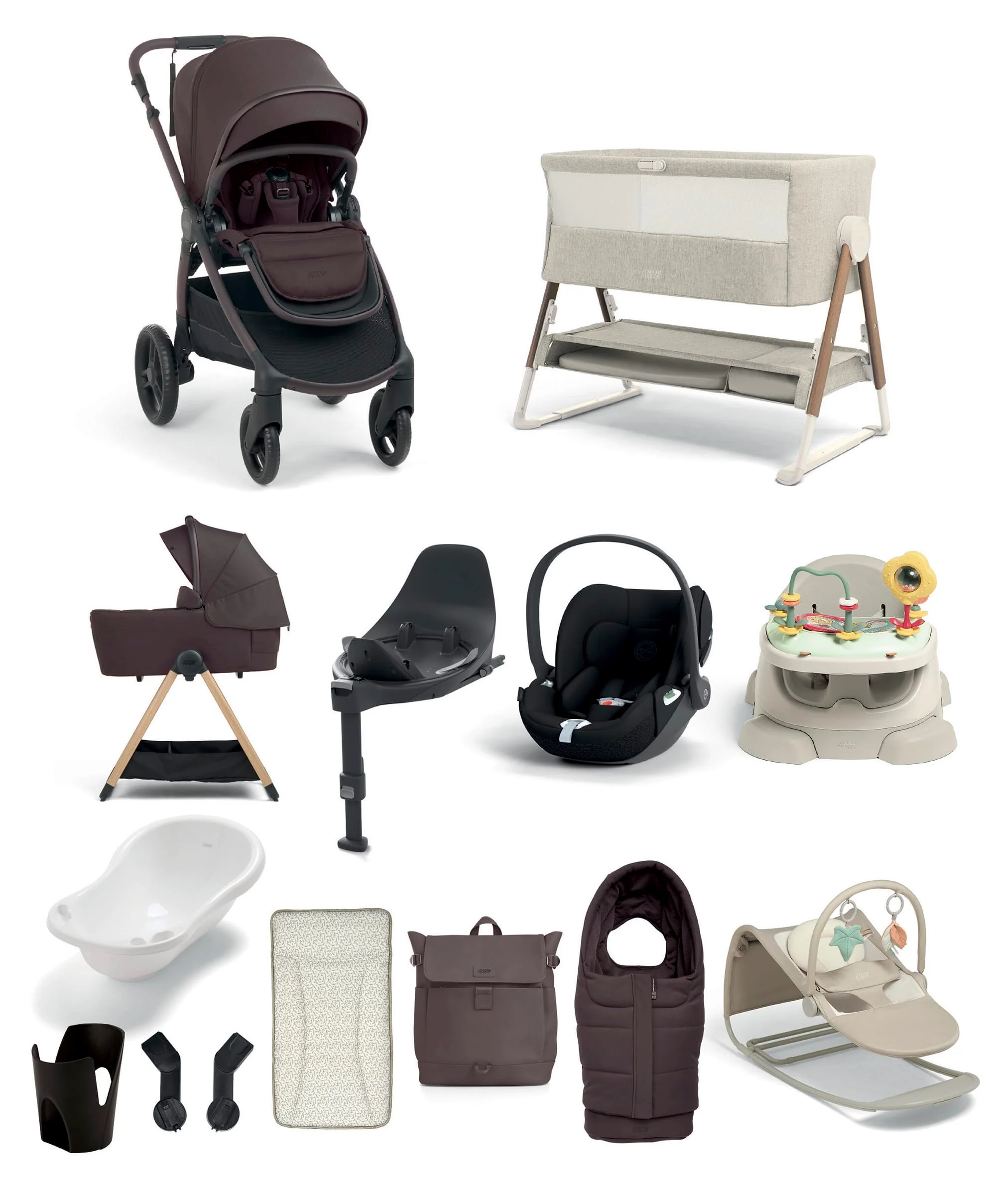 Ocarro 2 Pushchair Ultimate Newborn Bundle With Cybex Cloud T i-Size Rotating Baby Car Seat & Base (14 Pieces) - Americano