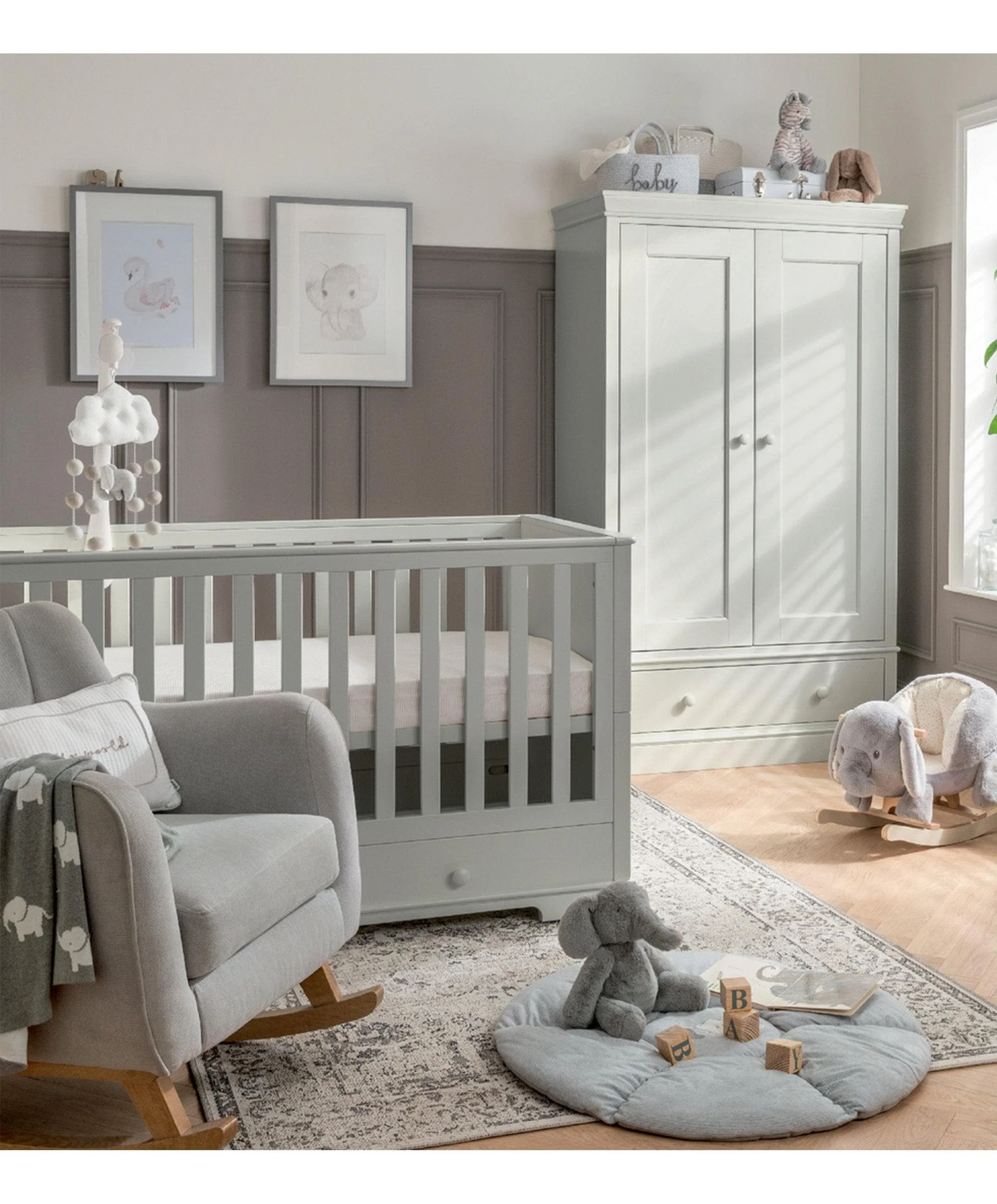 Oxford 2 Piece Nursery Furniture Set with Cotbed and Wardrobe - Stone Grey