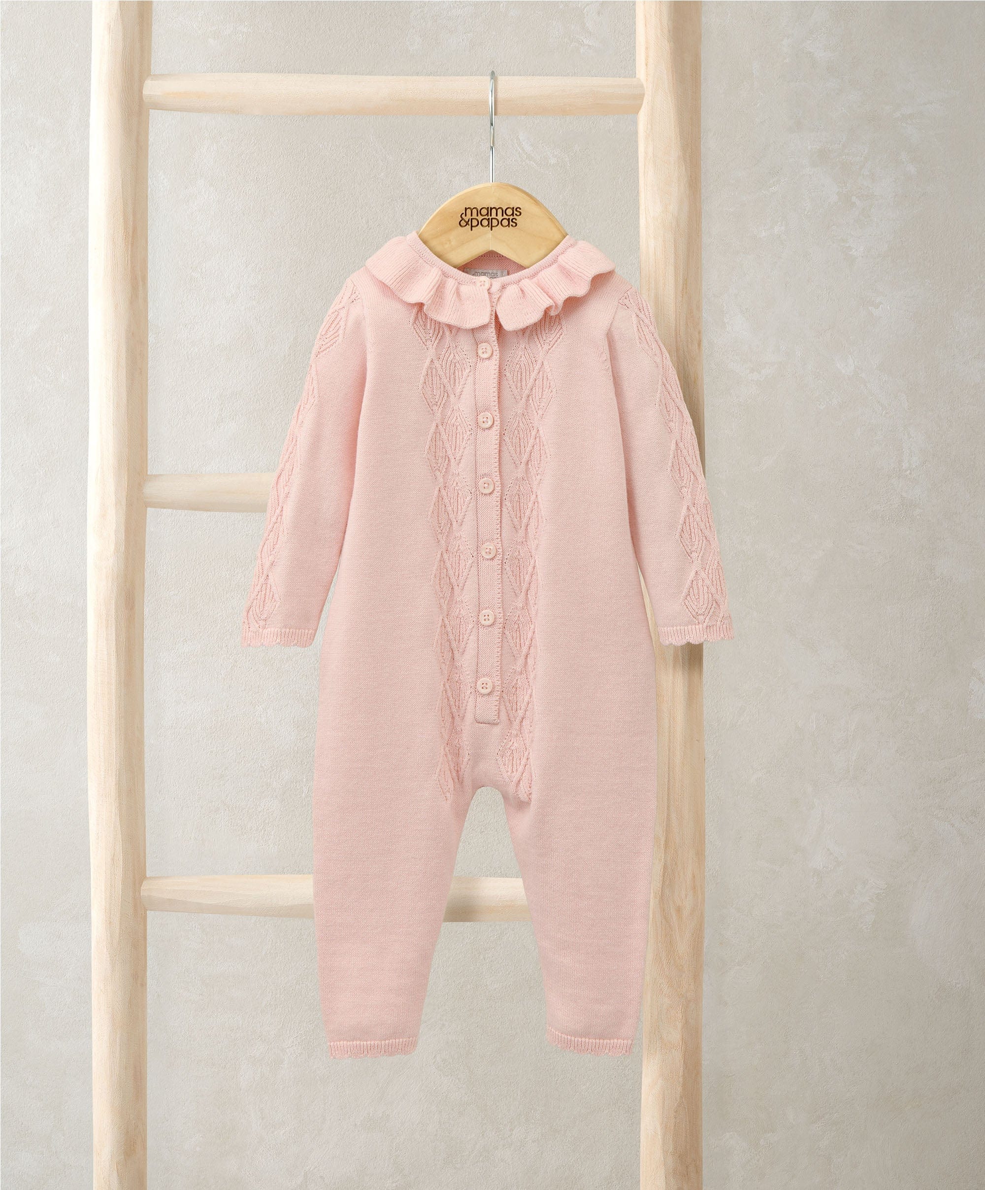 Diamond Stitch Knitted Romper with Frill Collar - Pink