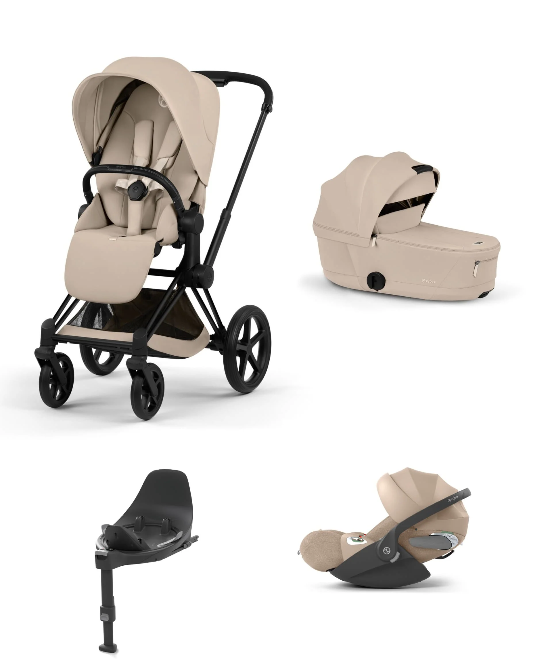 Cybex Priam Pushchair & Carry Cot Bundle With Cybex Cloud T Plus Car Seat & Base - Cozy Beige