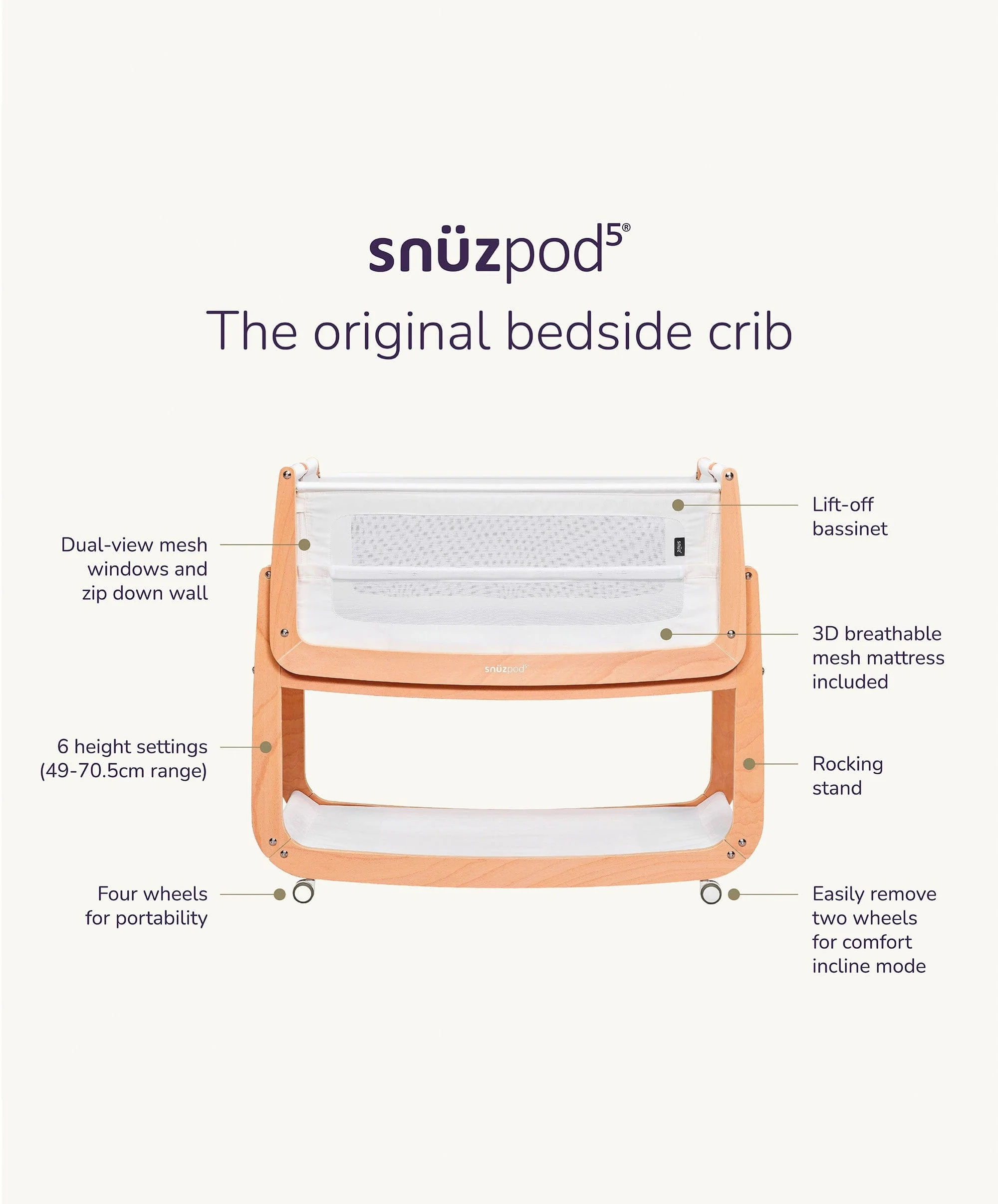 SnuzPod 5 Bedside Crib - Cashmere - Image 9
