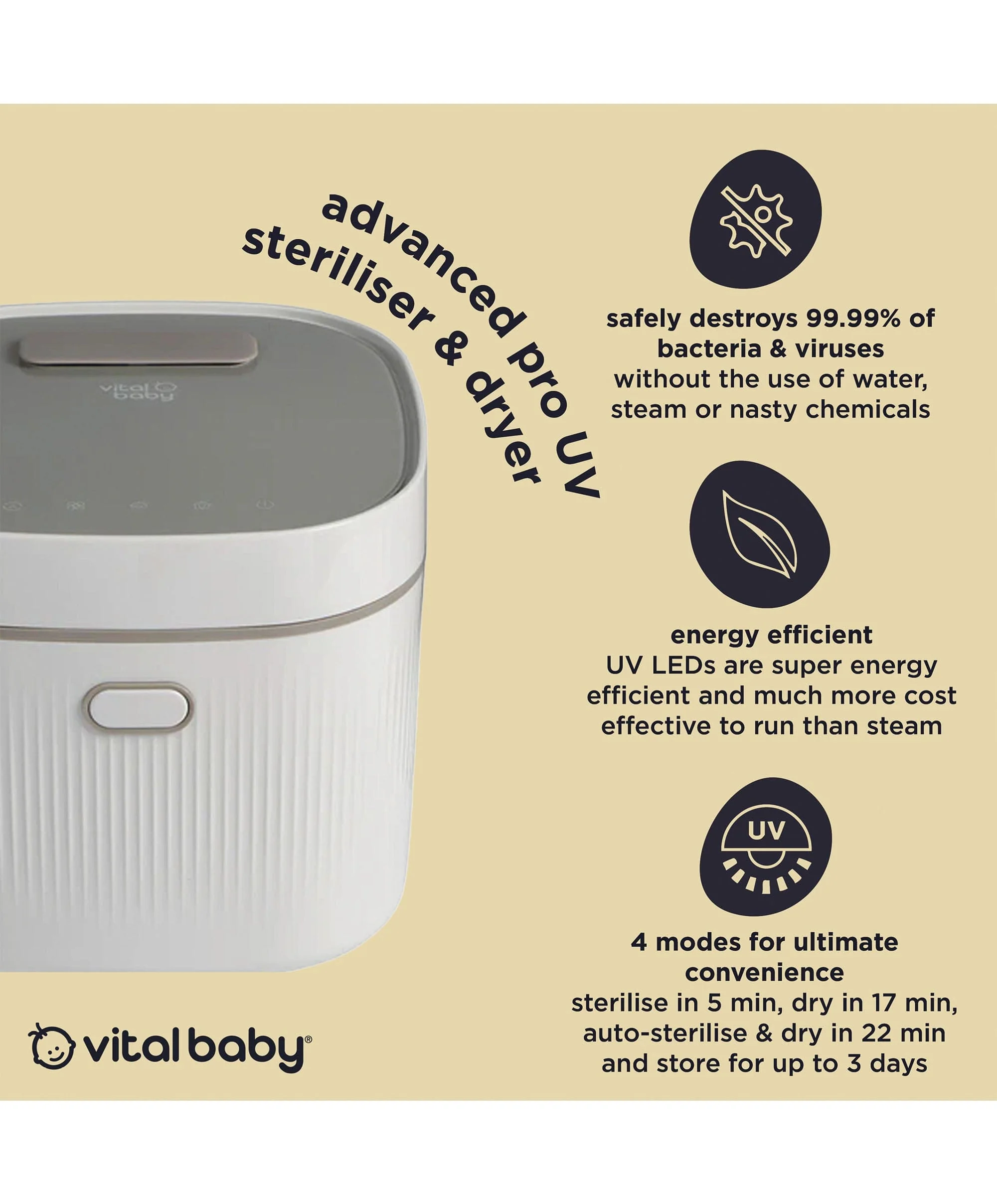 Vital Baby Nurture Advanced Pro UV Steriliser & Dryer, 3rd gen – Arctic White - Image 3