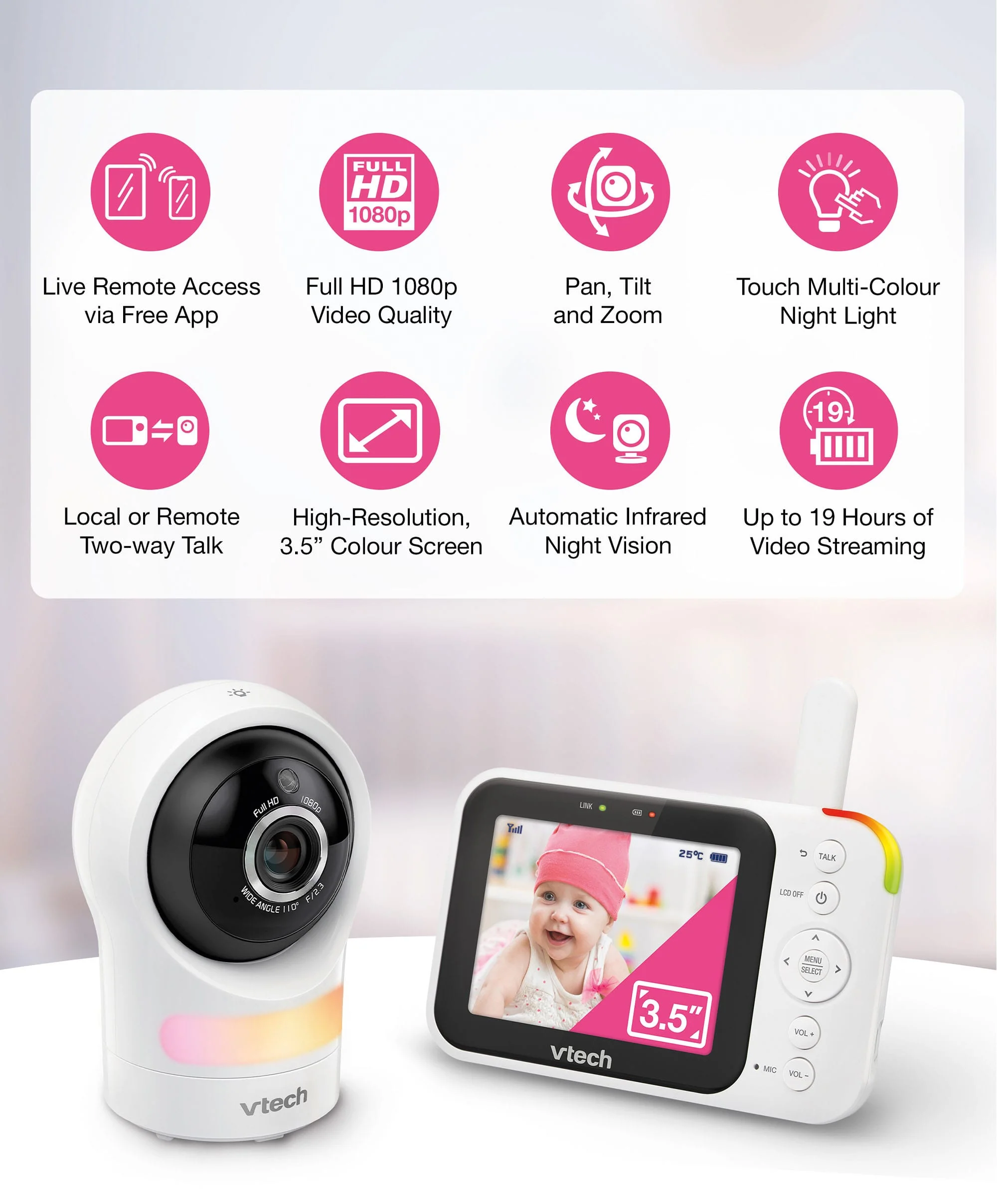 VTech RM4761 5inch Smart Wi-Fi 1080p Pan & Tilt Monitor - White - Image 2