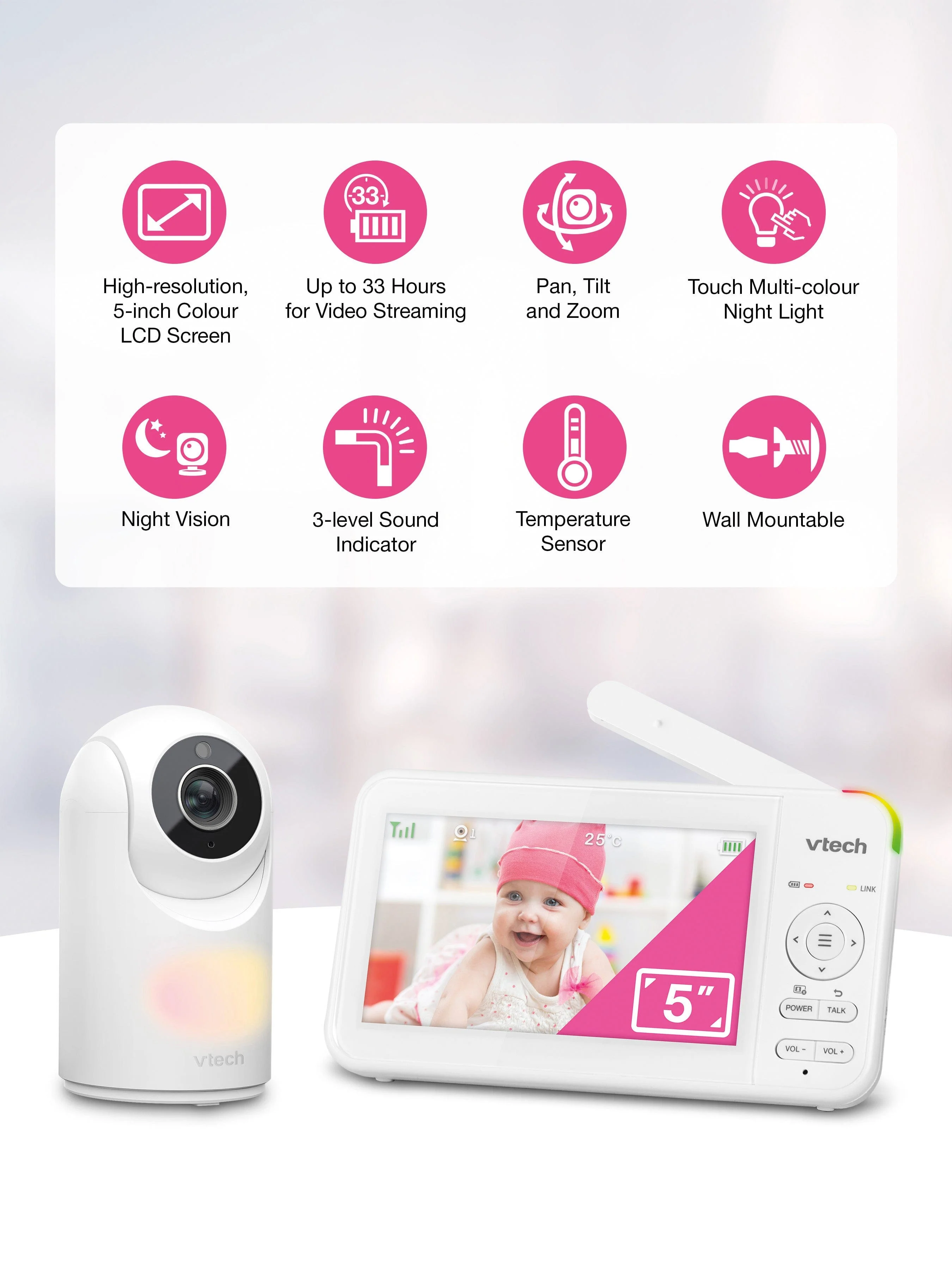 VTech VM5467 5inch Pan & Tilt Video Monitor with Night Light - Image 3